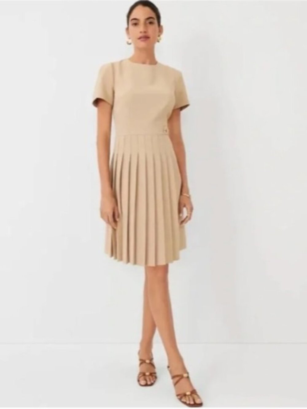 Ann Taylor Tan/Beige Fit & Flare Pleated Dress NWT (Size 10 Petite)